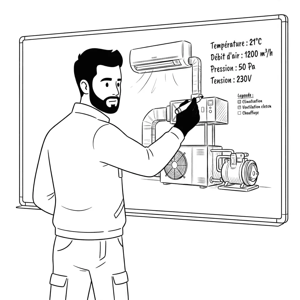 Technicien prenant des notes sur un tableau blanc